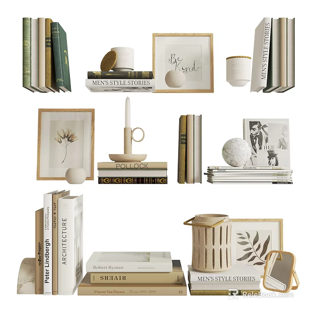 Decorative Ornament Set with Stacked Books Framed Prints Candles Decorative Balls and Leaf Decor 3d model 