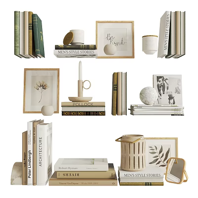 Decorative Ornament Set with Stacked Books Framed Prints Candles Decorative Balls and Leaf Decor 3d model