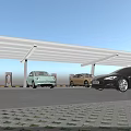 Various Colored Cars in Parking Lot under White Canopies with Blue Sky and White Clouds