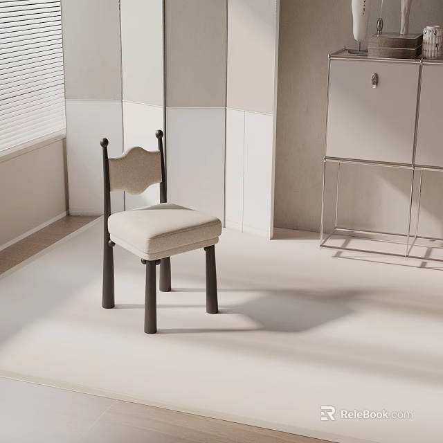 Light Cushioned Leisure Chair with Black Legs in Bright White Room by Window and Cabinet 3d model 