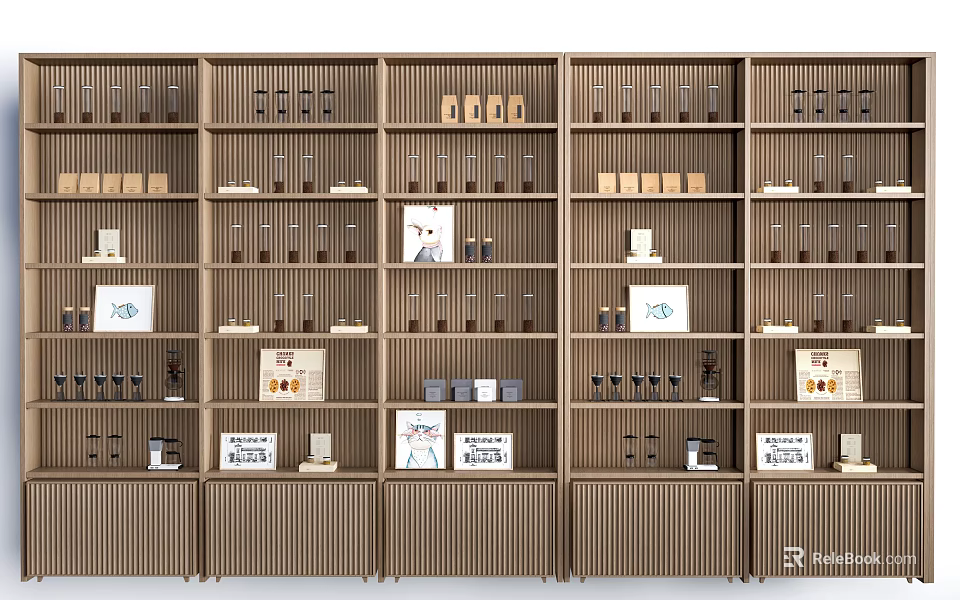 Modern Wooden Display Shelves With Multiple Layers Organized Glassware Boxes And Posters 3d model 