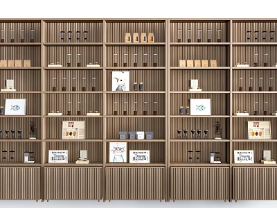 Modern Wooden Display Shelves With Multiple Layers Organized Glassware Boxes And Posters 3d model