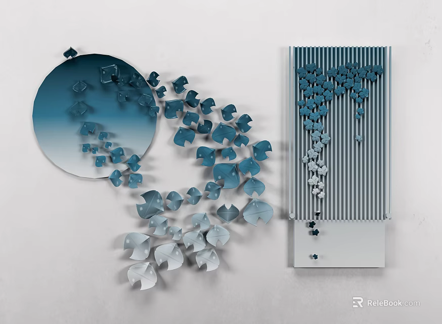 Modern Wall Decor Featuring Round Mirror And Blue Leaf Ornaments With Vertical Strip Panel 3d model 