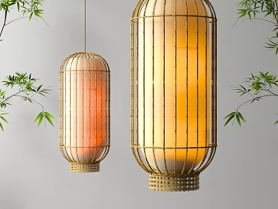 Hanging Bamboo Frame Lanterns With Warm Yellow Light And Green Bamboo Leaves 3d model