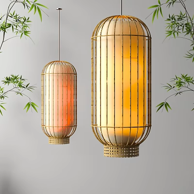 Hanging Bamboo Frame Lanterns With Warm Yellow Light And Green Bamboo Leaves 3d model