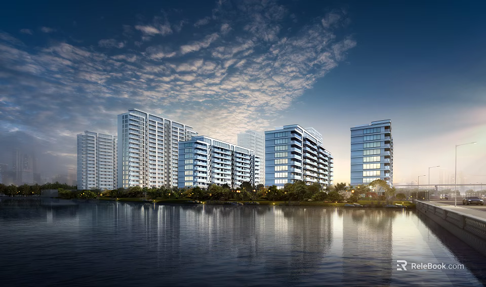 Multi storey Residential Buildings By Water With Reflections And Greenery 3d model 