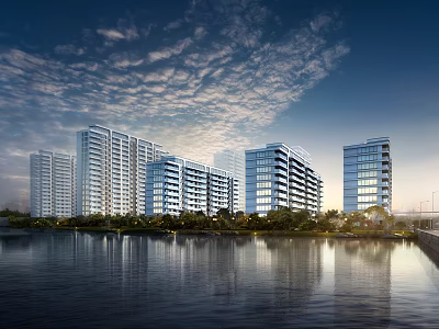 Multi storey Residential Buildings By Water With Reflections And Greenery 3d model