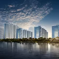 Multi storey Residential Buildings By Water With Reflections And Greenery
