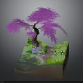 Decorative Miniature Landscape Scene With Purple Tree Small Pond Grass And Path