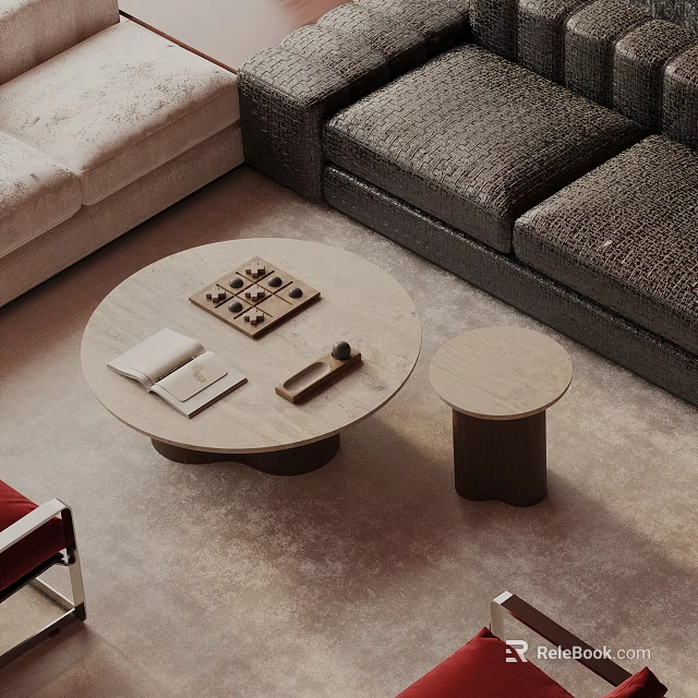 Dark Textured Sofa with Round Marble Coffee Table in Modern Living Room Interior 3d model 