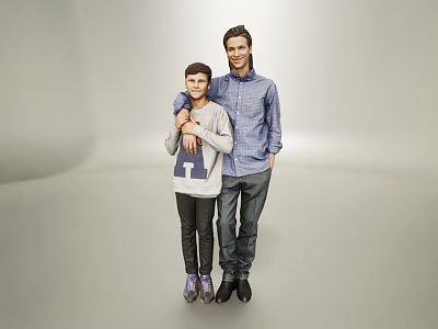 Two People in Casual Outfits Standing Together with Adult Arm Around Teen Against Light Background 3d model