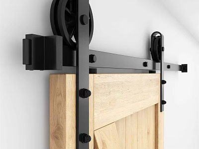 Black Metal Sliding Barn Door Hardware With Wooden Panel And Wheels 3d model
