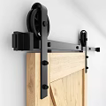 Black Metal Sliding Barn Door Hardware With Wooden Panel And Wheels