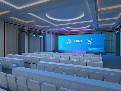 Spacious Banquet Hall With Blue Screen IDDM Logo White Seats Stage And Lighting Design 3d model