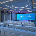 Spacious Banquet Hall With Blue Screen IDDM Logo White Seats Stage And Lighting Design