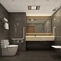 Public Restroom Interior With Gray Tiles Accessibility Handrails Mirror And Sink Counter