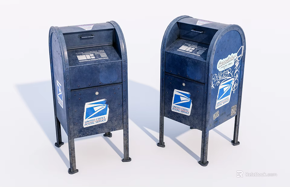 Blue USPS Public Mailboxes With Priority Mail Stickers And Vintage Design 3d model