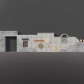 Traditional Stone Feature Wall with Door Window Circular Decorations Arched Structure And Pottery 3d model