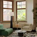 Green Beige Accent Chairs In Living Room With Windows Black White Wavy Rug And Plant