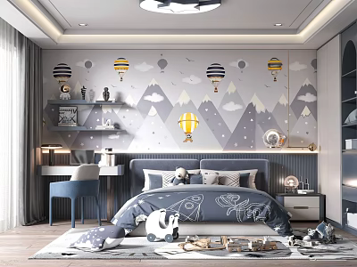 Kids Room Interior With Hot Air Balloon Wallpaper Gray Blue Bed Shelves Desk And Toys 3d model