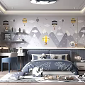 Kids Room Interior With Hot Air Balloon Wallpaper Gray Blue Bed Shelves Desk And Toys