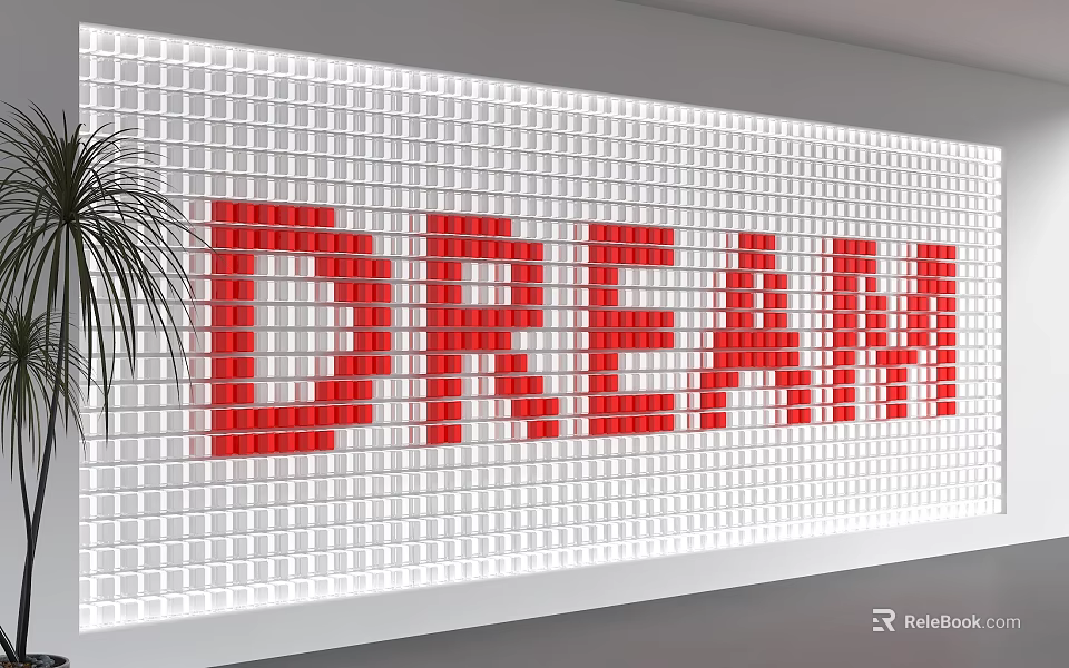 White Square Tiles Background Wall Interior Design With Red DREAM Letters And Palm Plant 3d model 