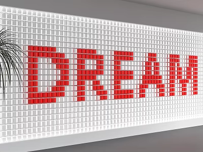 White Square Tiles Background Wall Interior Design With Red DREAM Letters And Palm Plant 3d model