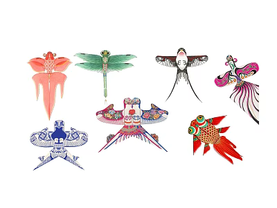 Collection Of Colorful Traditional Kites With Various Shapes And Patterns 3d model