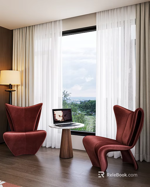 Red Leisure Accent Chairs With Small Round Table Laptop Large Window White Curtains 3d model 