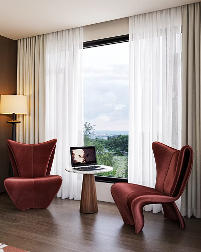 Red Leisure Accent Chairs With Small Round Table Laptop Large Window White Curtains 3d model
