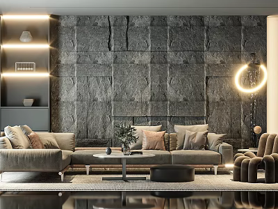 Modern Sofa And Round Coffee Table Set With Stone Wall Ambient Lighting Throw Pillows 3d model