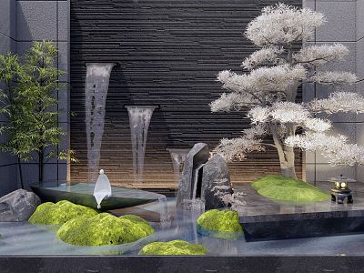 New Chinese style landscape sketch water drop courtyard sketch water landscape wall rockery waterscape stone moss pine tree sketch bamboo model