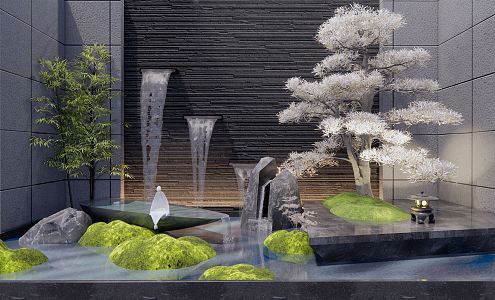 New Chinese style landscape sketch water drop courtyard sketch water landscape wall rockery waterscape stone moss pine tree sketch bamboo 3d model