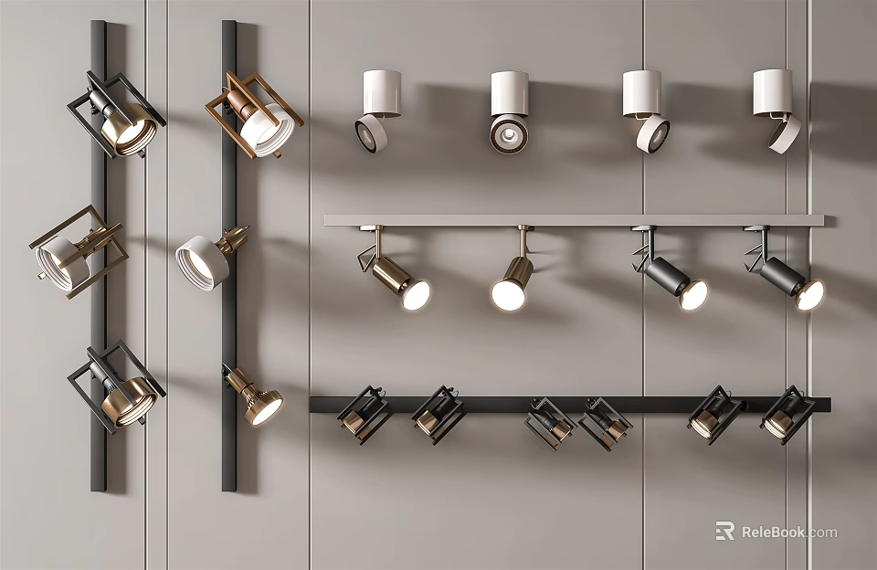 Various Styles of Downlights and Spotlights with Black and Gold Finishes on Grey Wall 3d model 