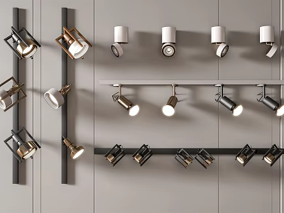 Various Styles of Downlights and Spotlights with Black and Gold Finishes on Grey Wall 3d model