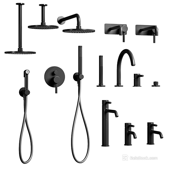 Stylish Black Bathroom Faucets And Shower Fixtures Collection With Various Designs 3d model 