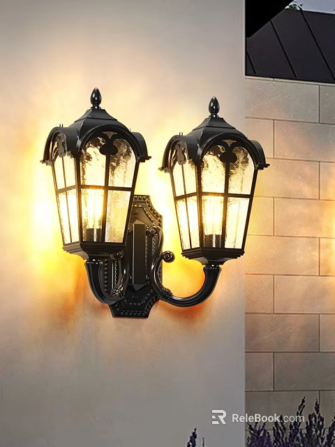 Classic Black Wall Lamps With Decorative Glass Shades Illuminated On Stone Wall 3d model 