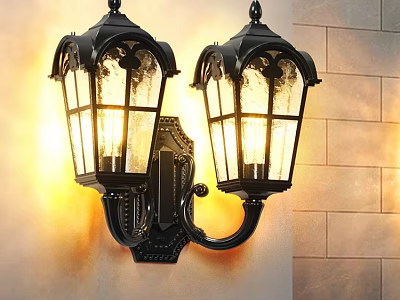 Classic Black Wall Lamps With Decorative Glass Shades Illuminated On Stone Wall 3d model