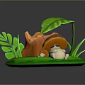Cute Chubby Game Character Sitting On Green Grass With Mushroom Shelter And Big Leaves