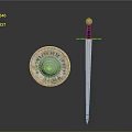 Historical Weapons Including Decorative Sword And Round Shield With Intricate Patterns