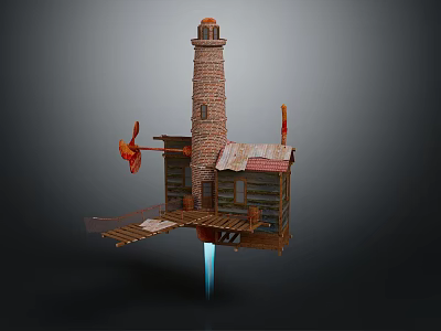 Cartoon Scene Featuring Tall Brick Lighthouse Wooden Cabin Red Flags And Blue Beam 3d model