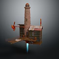 Cartoon Scene Featuring Tall Brick Lighthouse Wooden Cabin Red Flags And Blue Beam