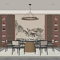 Traditional Chinese Restaurant Interior With Round Dining Table Chairs Mountain Painting And Shelves