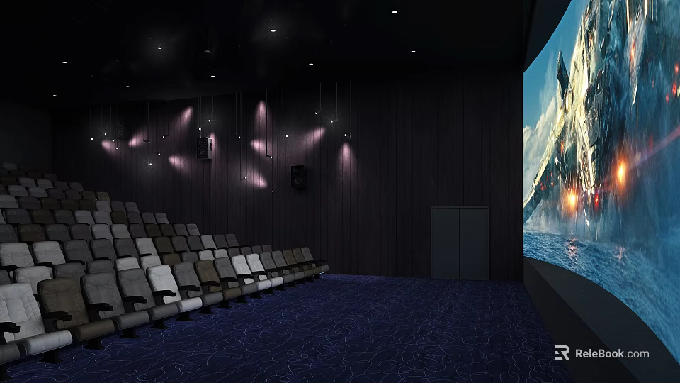 Modern Cinema Interior With Comfortable Seats Large Screen And Movie Playing 3d model 