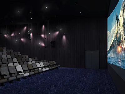 Modern Cinema Interior With Comfortable Seats Large Screen And Movie Playing 3d model
