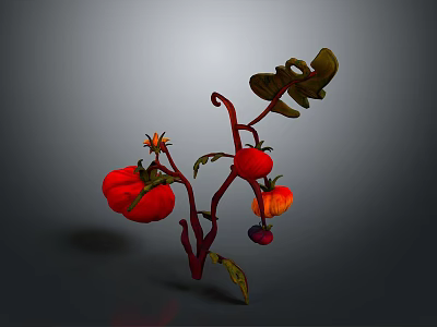 Ripe Red Tomatoes on Green Stem with Fresh Leaves and Juicy Texture 3d model
