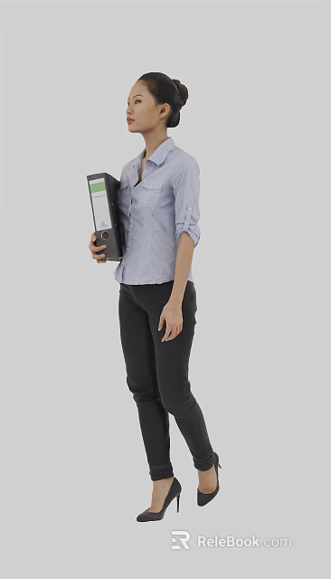 Professional Woman Holding Black Folder in Light Blue Shirt and Black Pants 3d model 