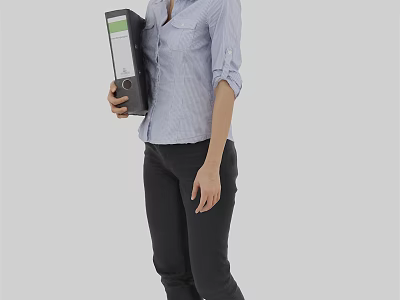 Professional Woman Holding Black Folder in Light Blue Shirt and Black Pants 3d model