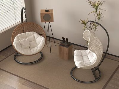 Two Indoor Rattan Hanging Chairs With White Cushions And Potted Plant In Living Space 3d model