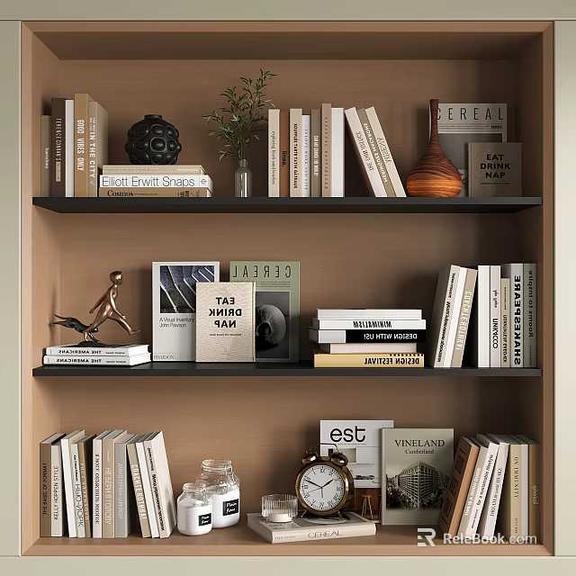 Modern Bookshelf Interior With Books Magazines Decorative Plants Sculpture And Vintage Clock 3d model 